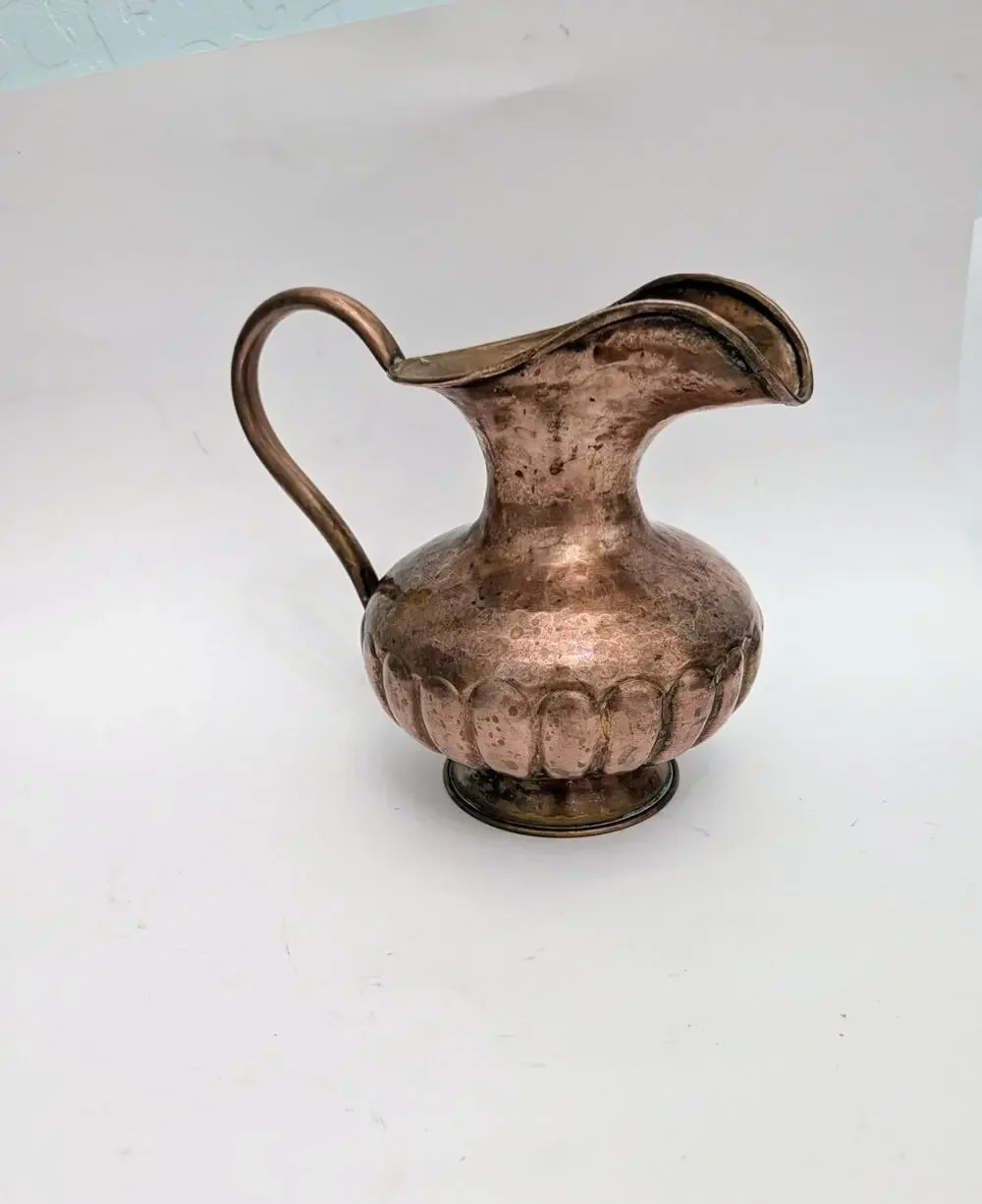 Hammered Copper & Scroll Pitcher Jug Patina Antique